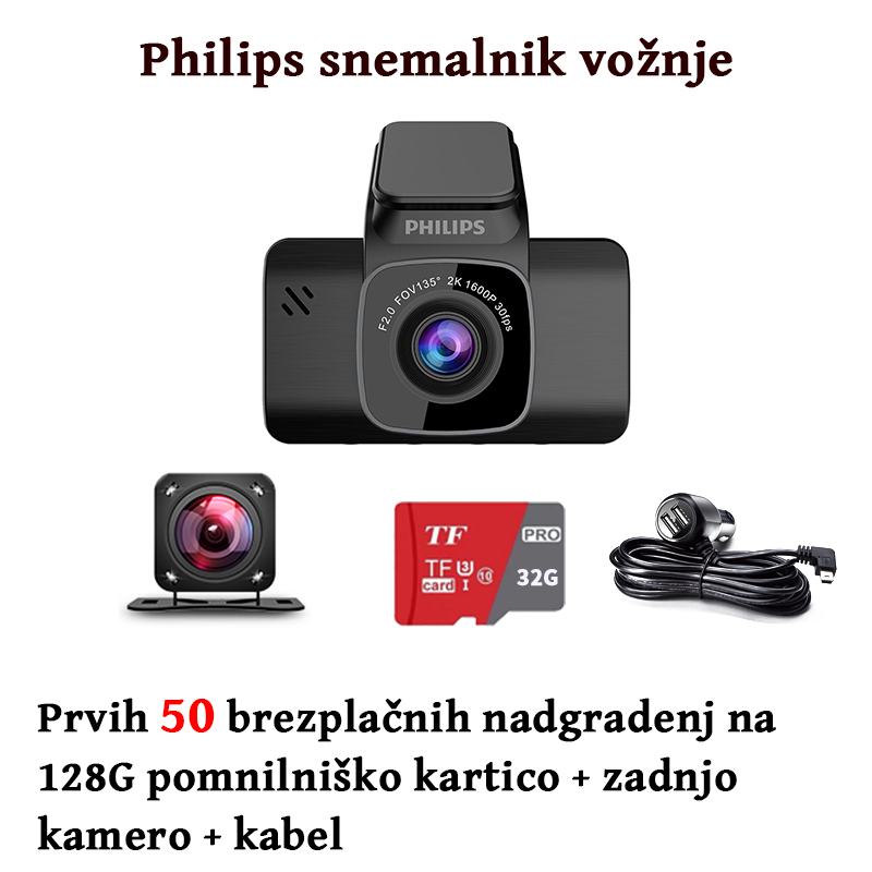 Philips snemalnik vožnje + slovenski meni + HD night vision + GPS + spominska kartica velike kapacitete (64GB)