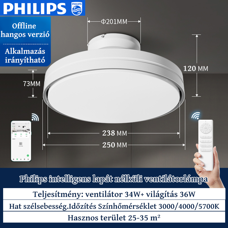 Ventilatorska lučka brez rezil (ventilator 34W + osvetlitev 36W, upravljanje preko mobilnega telefona)